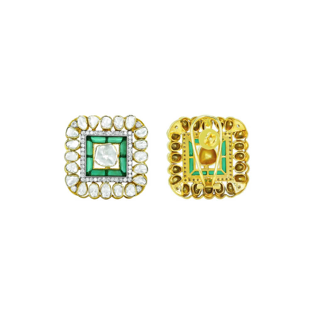 Square Polki Studs with Green Talaf
